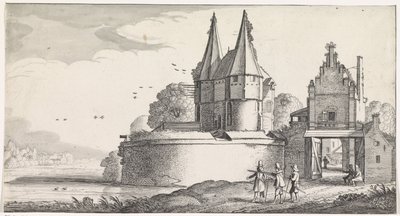 Soldater ved et fort og en byport ved en elv Playsante Landscapes og Vermakelycke Gesichten (serietittel) av Jan van de Velde (II)