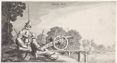 Soldater ved en kanon på en elvebrygge Playsante-landskap og morsomme ansikter (serietittel) av Jan van de Velde (II)