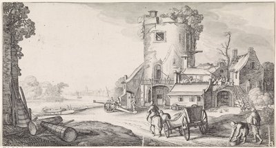 Soldater ved et tårn i et elvelandskap Playsante-landskap og morsomme ansikter (serietittel) av Jan van de Velde (II)