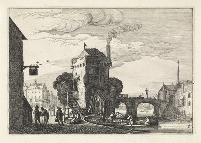 Bybilde med en bro over en elv Landskap (serietittel) Amenissimae aliquot requculae (serietittel) av Jan van de Velde (II)