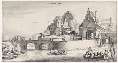 Byport med bro over vannet Playsante-landskap og morsomme ansikter (serietittel) av Jan van de Velde (II)