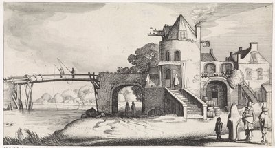 Bomhus med trebro over elven Playsante landskap og vermakelycke gesichten (serietittel) av Jan van de Velde (II)