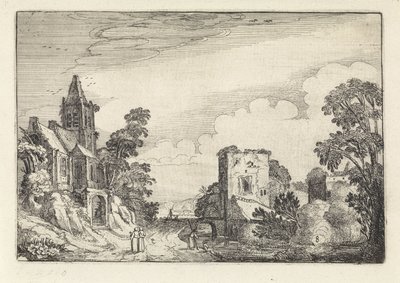Tårn og en kirke i et landskap Amenissimae aliquot requculae (serietittel) Landskap (serietittel) av Jan van de Velde (II)