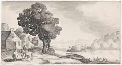 Høytransport på en elv med Haarlem i det fjerne Playsante-landskap og underholdende severdigheter (serietittel) av Jan van de Velde (II)