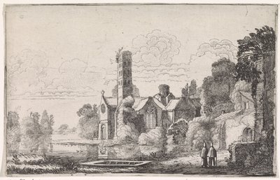 To munker ved et kloster i et elvelandskap Elvelandskap (serietittel) av Jan van de Velde (II)
