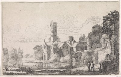 To munker ved et kloster i et elvelandskap Elvelandskap (serietittel) av Jan van de Velde (II)