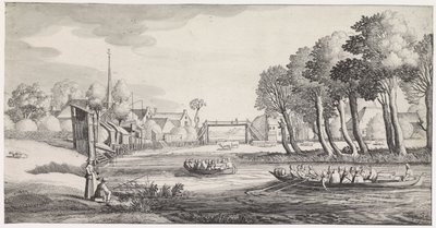 To robåter på en elv nær en landsby Playsante-landskap og morsomme ansikter (serietittel) av Jan van de Velde (II)
