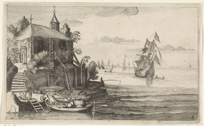 To-mester ved en kyst med kapell Seascapes (serietittel) av Jan van de Velde (II)