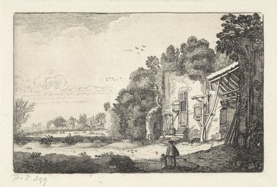 Kvinne med barn nær en ruin av et hus Landskap (serietittel) Amenissimae aliquot requculae (serietittel) av Jan van de Velde (II)