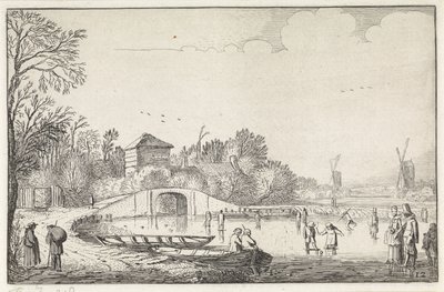Vinterlandskap med skatere ved en bro Landskap (serietittel) Amenissimae aliquot requculae (serietittel) av Jan van de Velde (II)