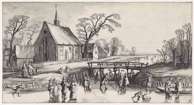Vinterlandskap med skatere nær en landsby Playsante-landskap og morsomme ansikter (serietittel) av Jan van de Velde (II)