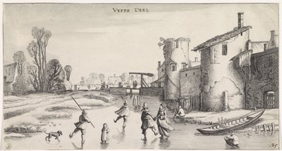 Vinterlandskap med skatere ved en bymur Hyggelige landskap og morsomme severdigheter (serietittel) av Jan van de Velde (II)