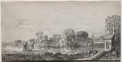Landskap: Et lite kapell ved en dam av Jan van de Velde II