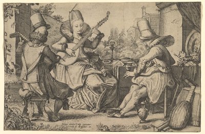 To elegant kledde menn og en kvinne i en hage, 1613-41. av Jan van de Velde II