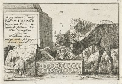 Dyr ved en fontene Titteltrykk av en serie trykk som viser dyr Dyr (serietittel) Zoographiam (serietittel på objekt) av Jan van den Hecke