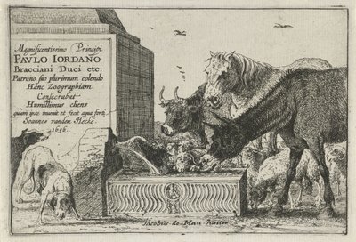 Dyr ved en fontene Titteltrykk av en serie trykk som viser dyr Dyr (serietittel) Zoographiam (serietittel på objekt) av Jan van den Hecke