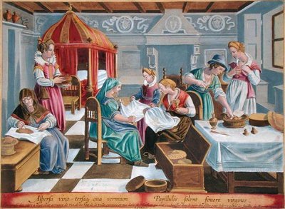 Kvinner drysser eggene til silkeormen med vin og hold dem varme ved brystet, plate 3 fra 