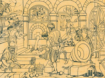 Kanonstøperi, tegning fra Nova Reperta av Jan van der (1523 1605) Straet