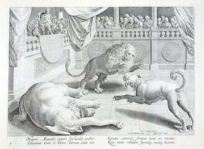 Alexander den store setter opp et skue, en løve-, hund- og elefantkamp, illustrasjon fra 