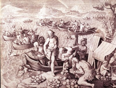 Østersfiske. 17. århundre. Gravering av Giovanni Stradano (Jan Van Der Straet) (Johannes Stradanus) (1523-1605). av Jan van der Straet