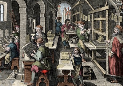 Trykkeri, c1600 - Holland, Utskrift: til venstre bruker tegnene tegn, de forskjellige stadiene i forberedelsen av utskriften overvåket av en mestertrykker - Gravering fra "Nova Reperta" av Giovanni Stradano (Jan Van Der Straet) (Johanne) av Jan van der Straet