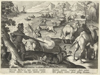 Sjømenn i et grusomt barbarland dreper kameler med musketter for å lindre sulten, illustrasjon fra 