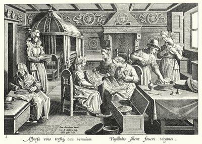 Håndtering av egg fra silkeorm (gravering) av Jan van der Straet