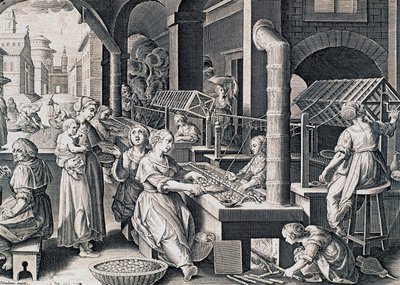 Vermis sericus, kvinner som spinner silke og varmer silkeorm i brann, gravering av Stradanus (1523-1605), Italia av Jan van der Straet