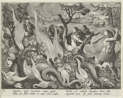 Fange slanger i India ved å bruke køller og fakler for å tenne underskogen, tallerken 44 fra puben Venationes Ferarum, Avium, Piscium (Of Hunting: Wild Beasts, Birds, Fish). 1640 av Jan van der 1523 1605 Straet