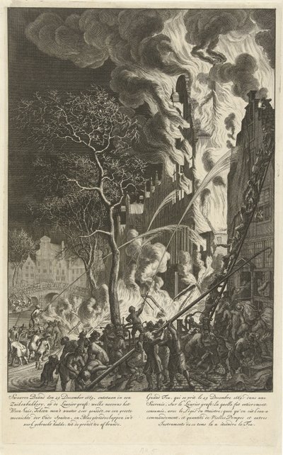 Brann på Lauriergracht i Amsterdam, 1669 Kraftig brann 29. desember 1669. oppsto i et sukkerbakeri, på Laurier-transplantatet (...) / Grand feu, qui se prit le 29. desember 1669. dans une sucrerie, sur le Laurier-transplantatet (...) (tittel på objektet) av Jan van der Heyden (attributed to)