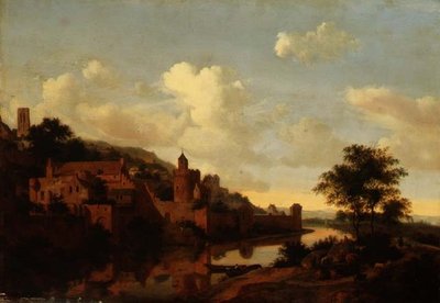 En befestet by over en elv (panel) av Jan van der Heyden