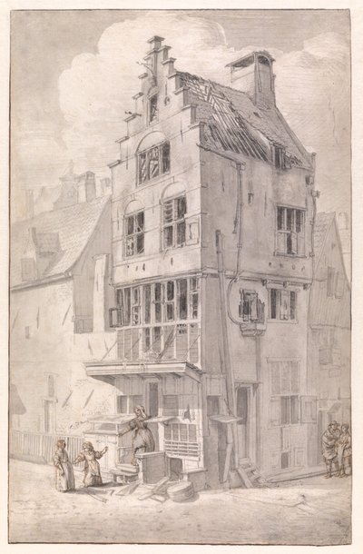 Et nedbrent hus i Bloedstraat av Jan van der Heyden