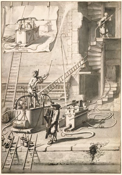 Sammenligning av de gamle brannslangene med Van der Heydens slangebrannslange av Jan van der Heyden