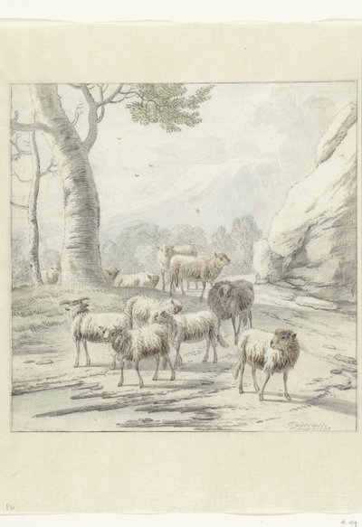 Landskap med en saueflokk nær et tre av Jan van der Meer (II)