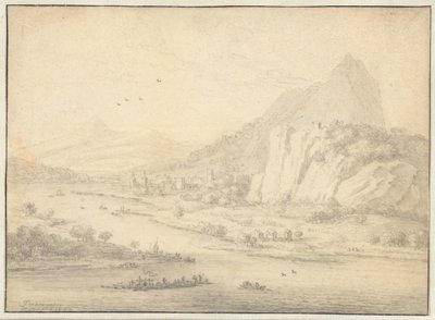 Fjellrikt elvelandskap med båter av Jan van der Meer (II)