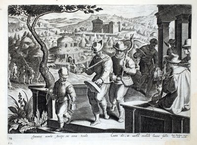 Fuglefangere som drar ut for å fange svarttrost, illustrasjon fra 'Venationes, Ferarum, Avium, Piscium' (Of Hunting: Wild Beasts, Birds, Fish), gravert av Jan Collaert (1566-1628), pub. av Phillipus Gall av Jan van der Straet