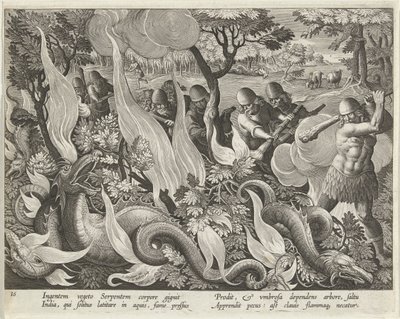 Fange slanger i India ved å bruke køller og fakler for å tenne underskogen, pub. 1640 gravering. av Jan van der Straet