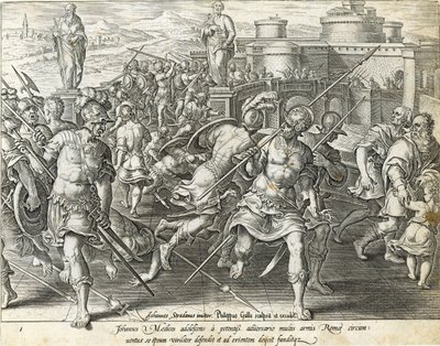 Giovanni de' Medici omgitt av Roma, plate 1 fra 'The History of the Medici', gravert av Philip Galle (1537-1612), ca. 1583 av Jan van der Straet