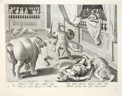 Hannibal får beseirede romere til å kjempe mot hverandre, illustrasjon fra 'Venationes, Ferarum, Avium, Piscium' (Of Hunting: Wild Beasts, Birds, Fish), gravert av Jan Collaert (1566-1628), pub. av Phillipus av Jan van der Straet