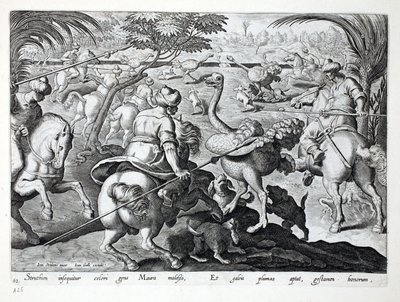 Moors on Horseback Hunting Struts, plate 62, illustrasjon fra 'Venationes, Ferarum, Avium, Piscium' (Of Hunting: Wild Beasts, Birds, Fish), gravert av Jan Collaert (1566-1628), pub. av Phillipus av Jan van der Straet
