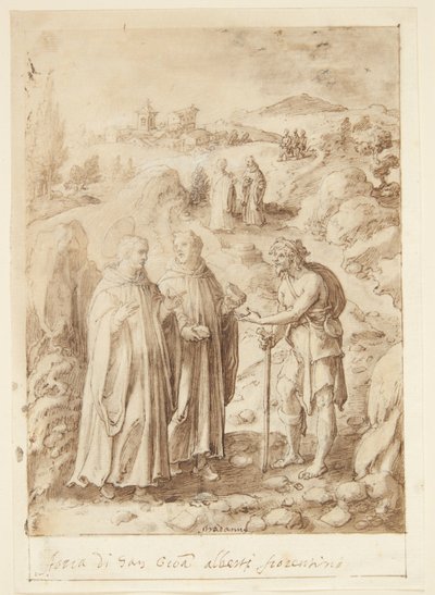 Historien til S. Giovanni Alberti Fiorentino. Helgenen og den medfølgende munken gir en tigger sitt siste brød av Jan van der Straet