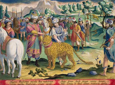 The Great King of the Parthians Hunts with his Tame Panthers, plate 9 fra 'Venationes Ferarum, Avium, Piscium' (Of Hunting: Wild Beasts, Birds, Fish) gravert av Jan Collaert (1566-1628) utgitt av av Jan van der Straet