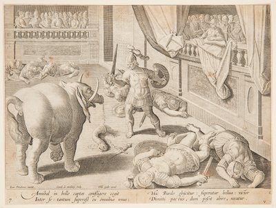 En romersk soldat som kjemper mot en av Hannibals elefanter, pl. 7 i serien Game, Birds and Fish av Jan van der Straet, called Stradanus