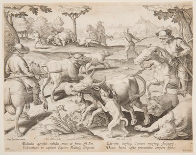 Buffalo Hunt, plate 27 i Hunts of Game, Birds and Fish-serien av Jan van der Straet, called Stradanus