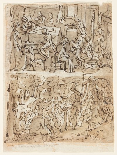 Fire scener fra døperen Johannes' liv, foreløpige design for en trykkserie (recto og verso) av Jan van der Straet, called Stradanus