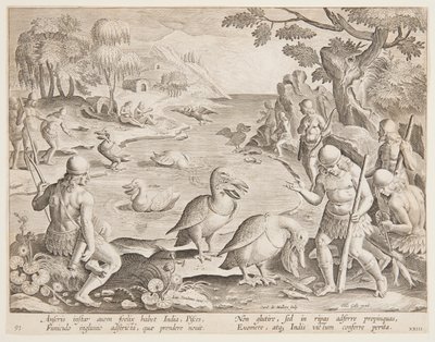 Indianere som fanger fisk med hjelp av pelikaner, plate 23 i Game of Game, Birds and Fish-serien av Jan van der Straet, called Stradanus