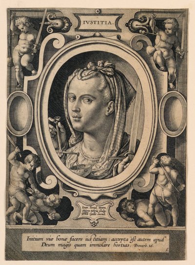 Justice (Justice), plate 5 fra "Virtutum theologicarum et cardinalium" av Jan van der Straet, called Stradanus
