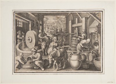 Oleum Olivarum (Produksjonen av olivenolje), plate 12 i Nova Reperta (New Inventions of Modern Times) av Jan van der Straet, called Stradanus