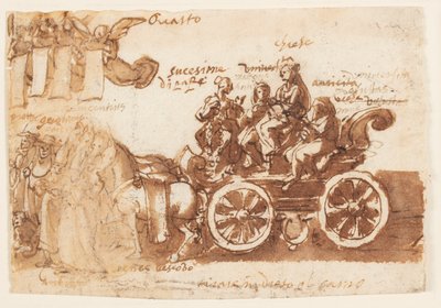 Side av en skissebok; Vogn og tre hester av Jan van der Straet, called Stradanus