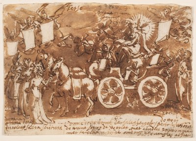 Side i en skissebok; Vogn og tre hester av Jan van der Straet, called Stradanus